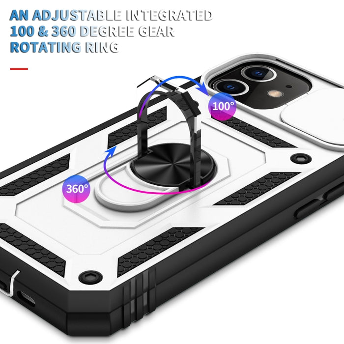 Diseño de cubierta de cámara deslizante Funda protectora de TPU + PC con soporte giratorio de 360 grados y ranura para tarjeta