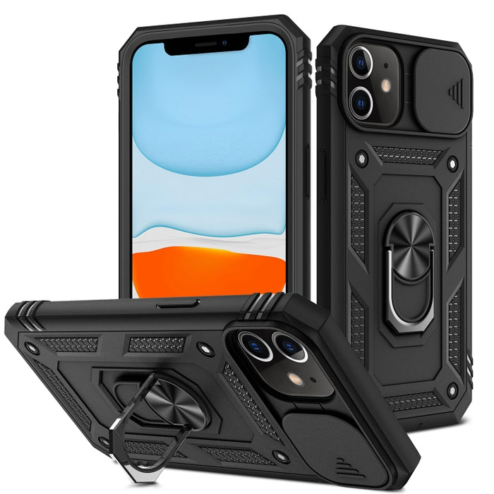 Diseño de cubierta de cámara deslizante Funda protectora de TPU + PC con soporte giratorio de 360 grados y ranura para tarjeta