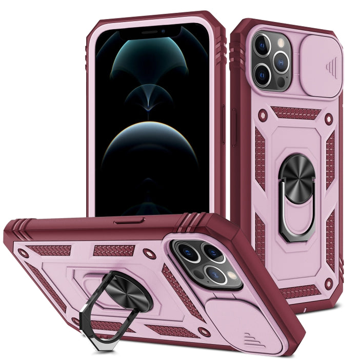 Diseño de cubierta de cámara deslizante Funda protectora de TPU + PC con soporte giratorio de 360 grados y ranura para tarjeta