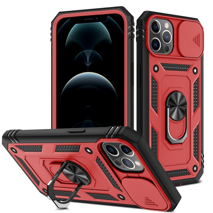Diseño de cubierta de cámara deslizante Funda protectora de TPU + PC con soporte giratorio de 360 grados y ranura para tarjeta