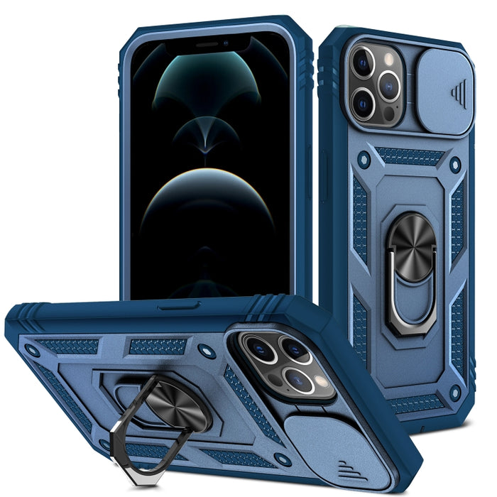 Diseño de cubierta de cámara deslizante Funda protectora de TPU + PC con soporte giratorio de 360 grados y ranura para tarjeta
