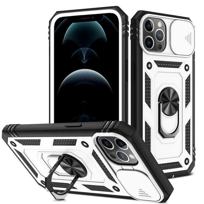 Diseño de cubierta de cámara deslizante Funda protectora de TPU + PC con soporte giratorio de 360 grados y ranura para tarjeta