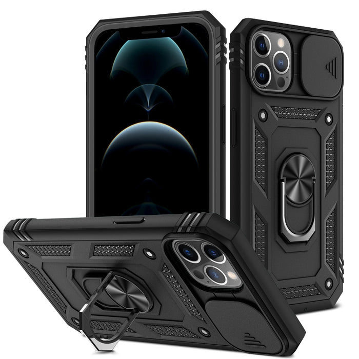 Diseño de cubierta de cámara deslizante Funda protectora de TPU + PC con soporte giratorio de 360 grados y ranura para tarjeta
