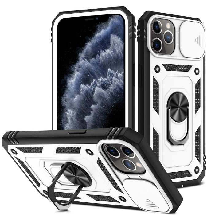Diseño de cubierta de cámara deslizante Funda protectora de TPU + PC con soporte giratorio de 360 grados y ranura para tarjeta