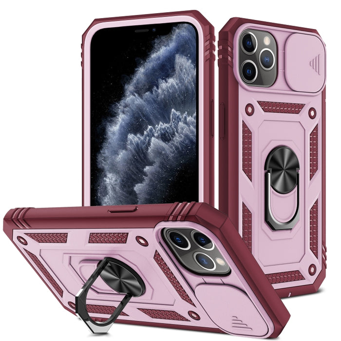 Diseño de cubierta de cámara deslizante Funda protectora de TPU + PC con soporte giratorio de 360 grados y ranura para tarjeta