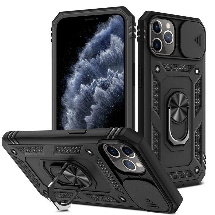 Diseño de cubierta de cámara deslizante Funda protectora de TPU + PC con soporte giratorio de 360 grados y ranura para tarjeta