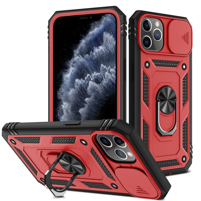 Diseño de cubierta de cámara deslizante Funda protectora de TPU + PC con soporte giratorio de 360 grados y ranura para tarjeta