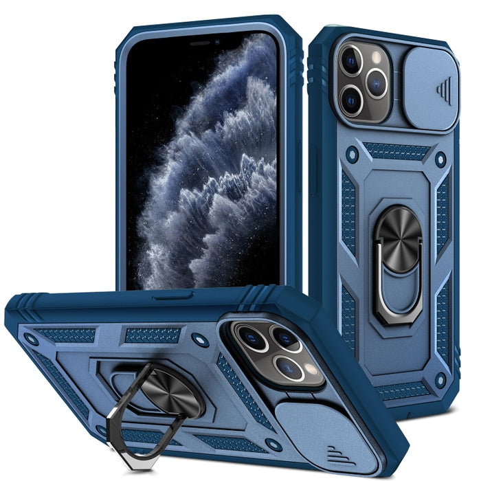 Diseño de cubierta de cámara deslizante Funda protectora de TPU + PC con soporte giratorio de 360 grados y ranura para tarjeta