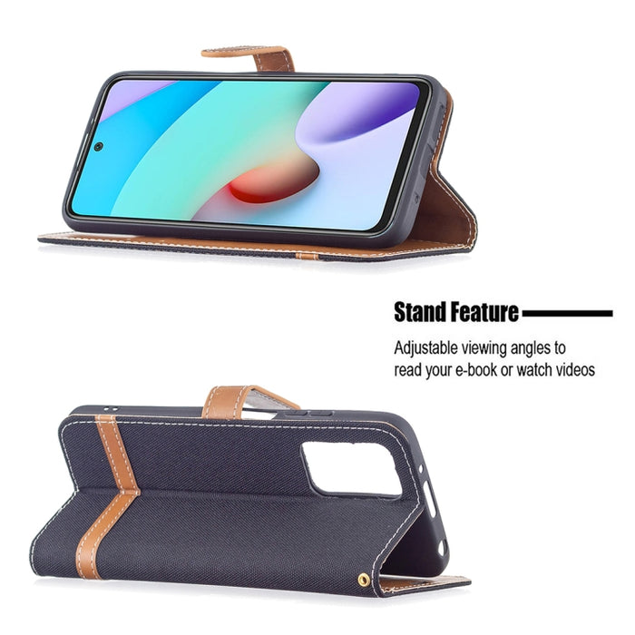 Estuche de cuero con textura de mezclilla a juego con soporte y ranuras para tarjetas, billetera y cordón, For Xiaomi Redmi 10