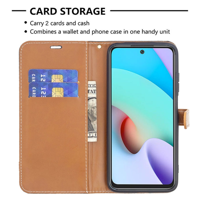 Estuche de cuero con textura de mezclilla a juego con soporte y ranuras para tarjetas, billetera y cordón, For Xiaomi Redmi 10
