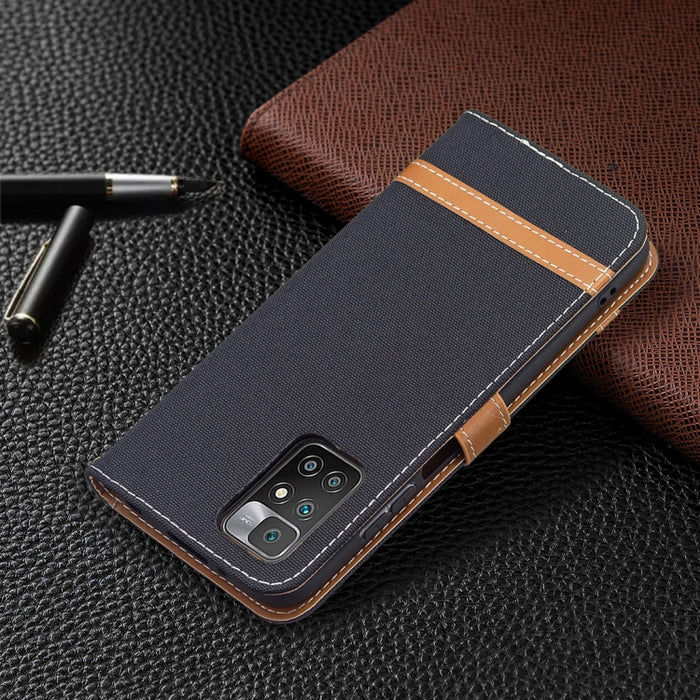 Estuche de cuero con textura de mezclilla a juego con soporte y ranuras para tarjetas, billetera y cordón, For Xiaomi Redmi 10
