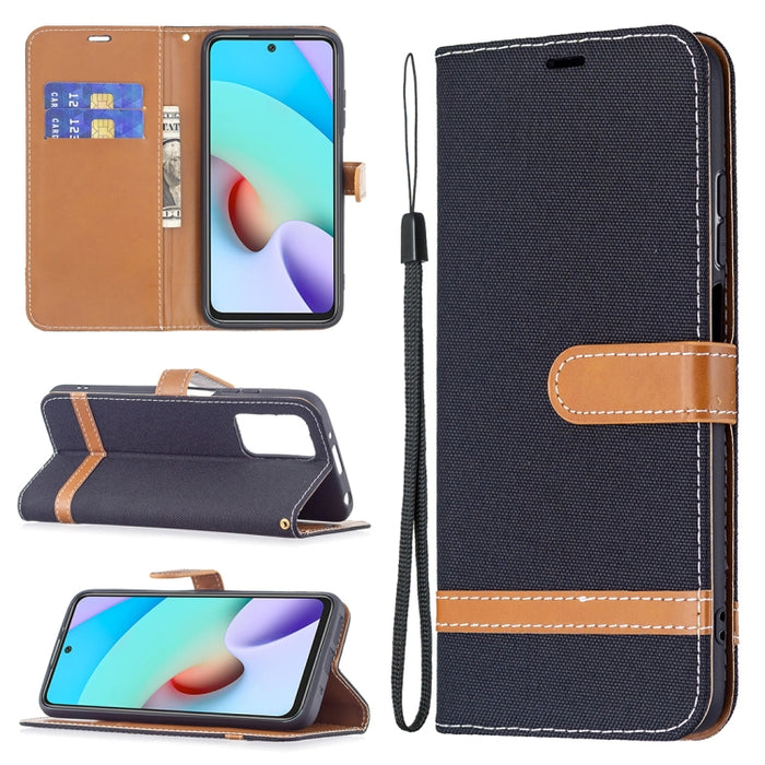 Estuche de cuero con textura de mezclilla a juego con soporte y ranuras para tarjetas, billetera y cordón, For Xiaomi Redmi 10