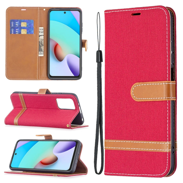 Estuche de cuero con textura de mezclilla a juego con soporte y ranuras para tarjetas, billetera y cordón, For Xiaomi Redmi 10
