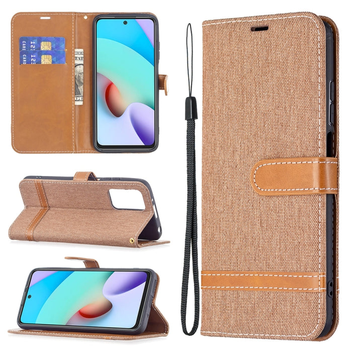 Estuche de cuero con textura de mezclilla a juego con soporte y ranuras para tarjetas, billetera y cordón, For Xiaomi Redmi 10