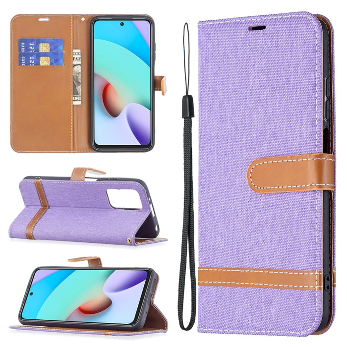 Estuche de cuero con textura de mezclilla a juego con soporte y ranuras para tarjetas, billetera y cordón, For Xiaomi Redmi 10