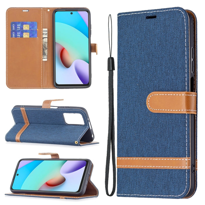 Estuche de cuero con textura de mezclilla a juego con soporte y ranuras para tarjetas, billetera y cordón, For Xiaomi Redmi 10