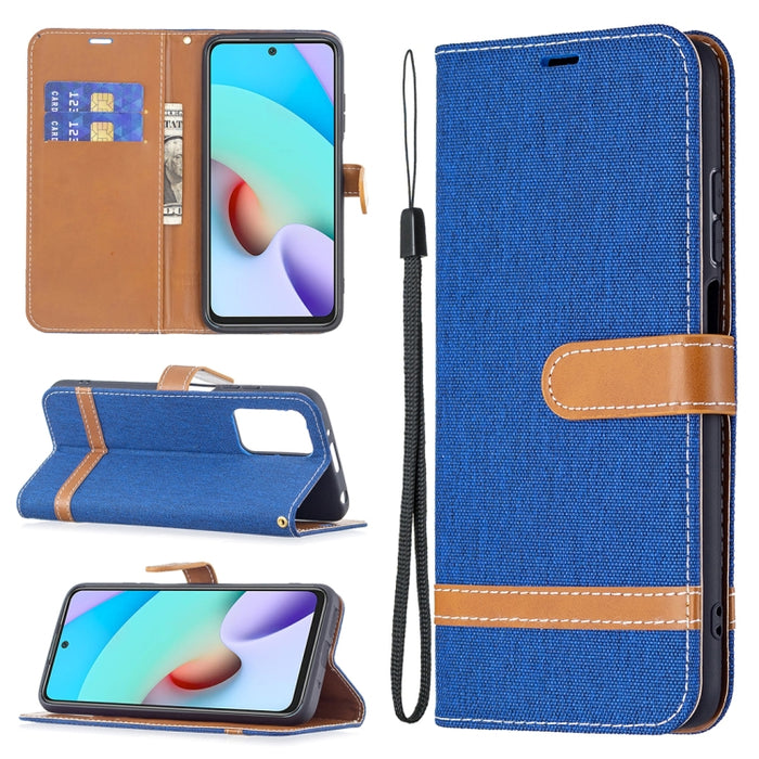 Estuche de cuero con textura de mezclilla a juego con soporte y ranuras para tarjetas, billetera y cordón, For Xiaomi Redmi 10
