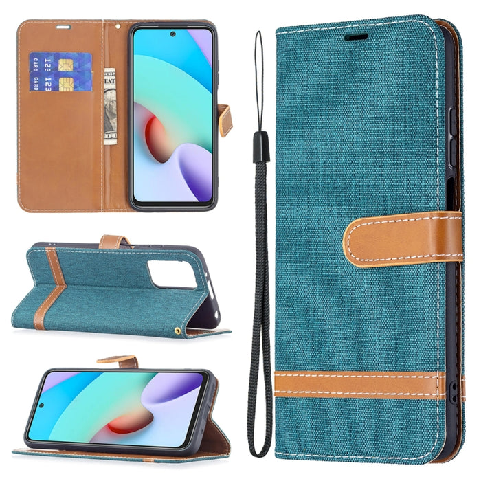 Estuche de cuero con textura de mezclilla a juego con soporte y ranuras para tarjetas, billetera y cordón, For Xiaomi Redmi 10