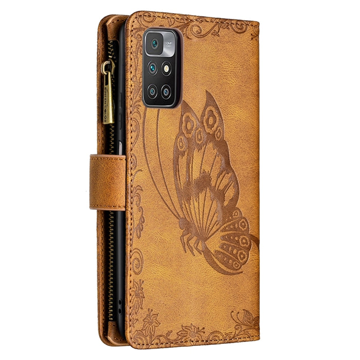 Estuche de cuero con tapa horizontal y cremallera con estampado de mariposa voladora con soporte y ranuras para tarjetas y billetera, For Xiaomi Redmi 10