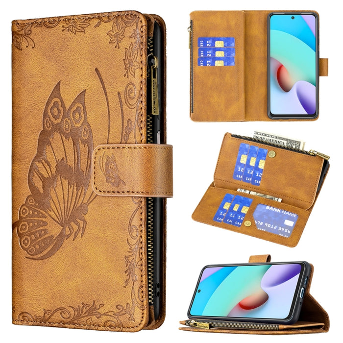 Estuche de cuero con tapa horizontal y cremallera con estampado de mariposa voladora con soporte y ranuras para tarjetas y billetera, For Xiaomi Redmi 10