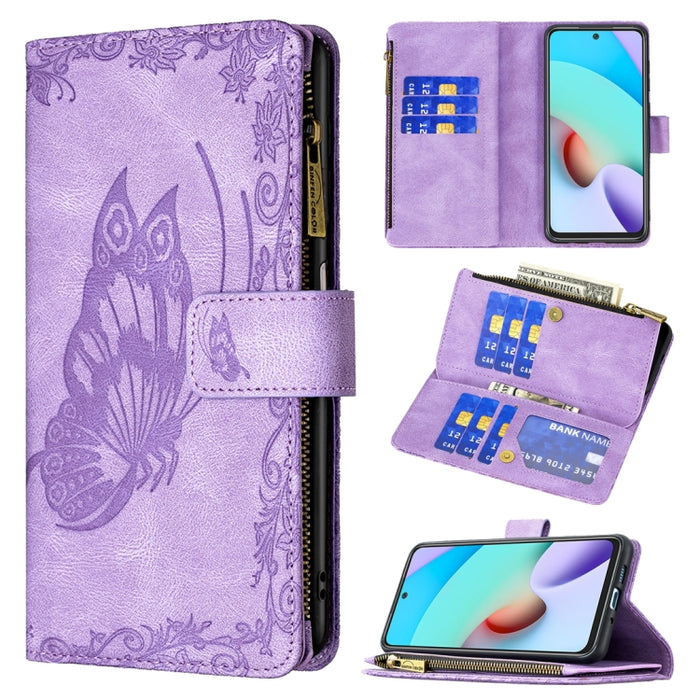 Estuche de cuero con tapa horizontal y cremallera con estampado de mariposa voladora con soporte y ranuras para tarjetas y billetera, For Xiaomi Redmi 10