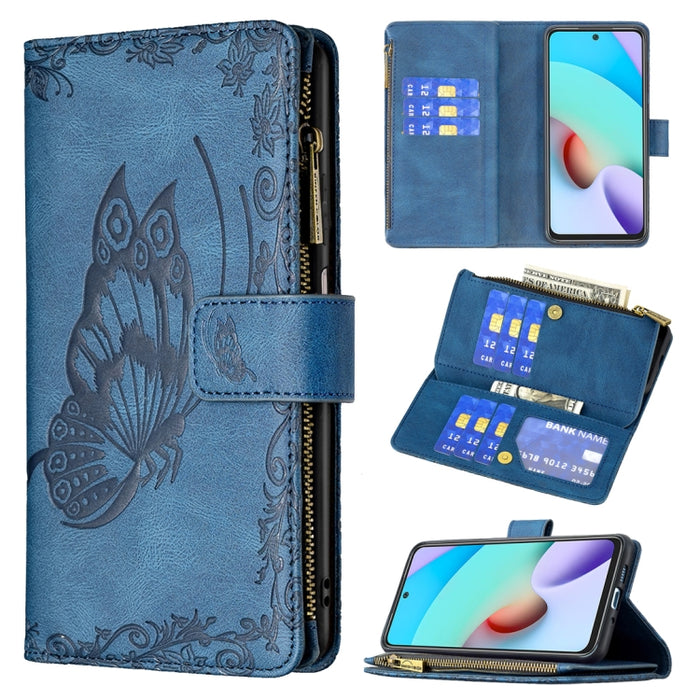 Estuche de cuero con tapa horizontal y cremallera con estampado de mariposa voladora con soporte y ranuras para tarjetas y billetera, For Xiaomi Redmi 10