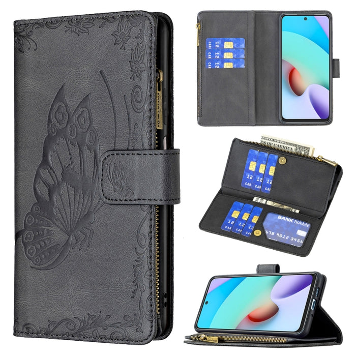 Estuche de cuero con tapa horizontal y cremallera con estampado de mariposa voladora con soporte y ranuras para tarjetas y billetera, For Xiaomi Redmi 10