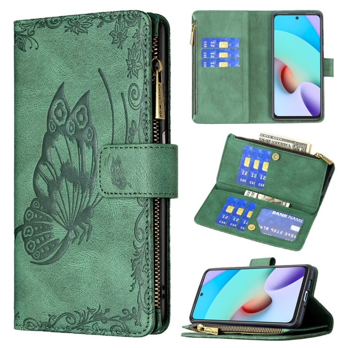 Estuche de cuero con tapa horizontal y cremallera con estampado de mariposa voladora con soporte y ranuras para tarjetas y billetera, For Xiaomi Redmi 10