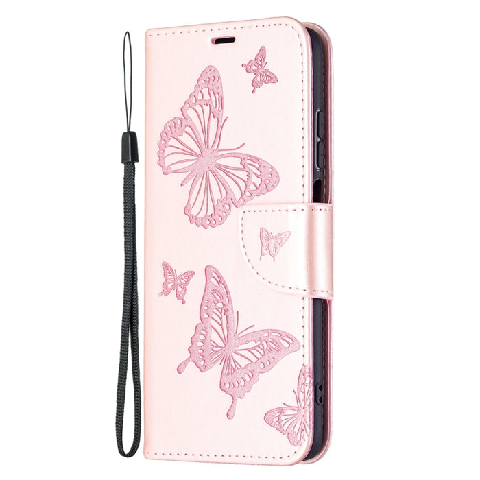 Estuche de cuero con tapa horizontal con estampado de dos mariposas con soporte, ranura para tarjeta, billetera y cordón, For Xiaomi Redmi 10
