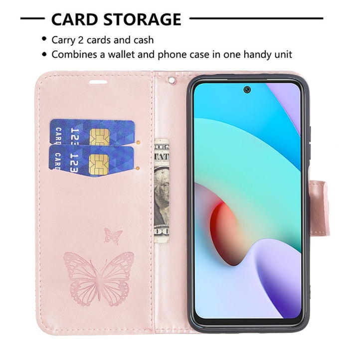 Estuche de cuero con tapa horizontal con estampado de dos mariposas con soporte, ranura para tarjeta, billetera y cordón, For Xiaomi Redmi 10