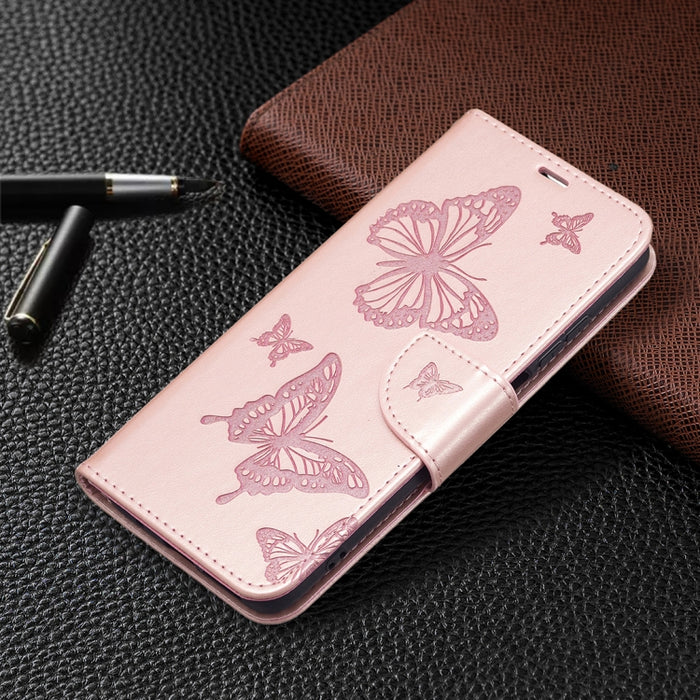 Estuche de cuero con tapa horizontal con estampado de dos mariposas con soporte, ranura para tarjeta, billetera y cordón, For Xiaomi Redmi 10