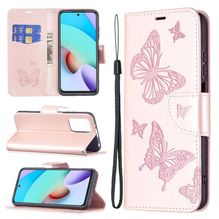 Estuche de cuero con tapa horizontal con estampado de dos mariposas con soporte, ranura para tarjeta, billetera y cordón, For Xiaomi Redmi 10