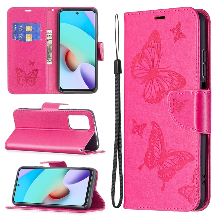 Estuche de cuero con tapa horizontal con estampado de dos mariposas con soporte, ranura para tarjeta, billetera y cordón, For Xiaomi Redmi 10
