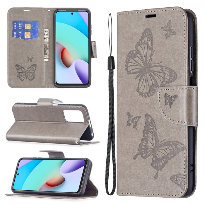 Estuche de cuero con tapa horizontal con estampado de dos mariposas con soporte, ranura para tarjeta, billetera y cordón, For Xiaomi Redmi 10