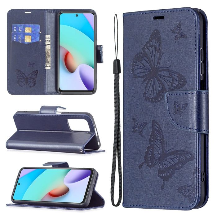 Estuche de cuero con tapa horizontal con estampado de dos mariposas con soporte, ranura para tarjeta, billetera y cordón, For Xiaomi Redmi 10