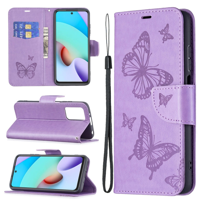 Estuche de cuero con tapa horizontal con estampado de dos mariposas con soporte, ranura para tarjeta, billetera y cordón, For Xiaomi Redmi 10