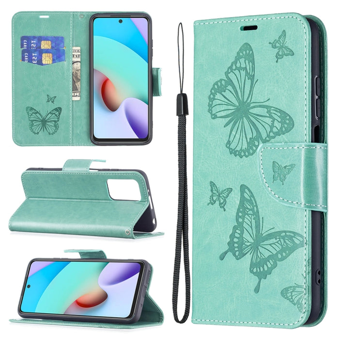 Estuche de cuero con tapa horizontal con estampado de dos mariposas con soporte, ranura para tarjeta, billetera y cordón, For Xiaomi Redmi 10