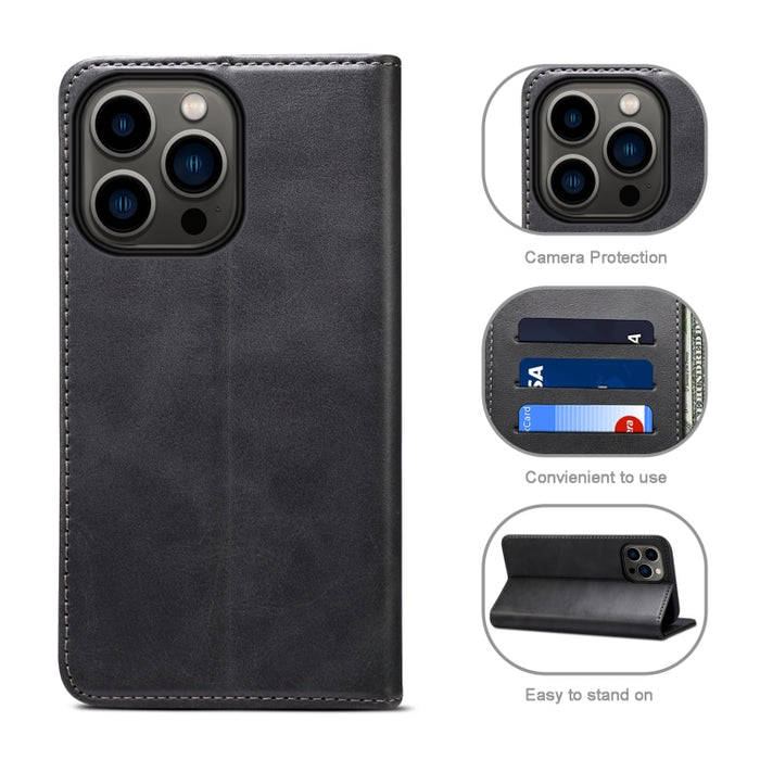 Estuche de cuero con tapa horizontal con textura de becerro con soporte y ranuras para tarjetas y billetera