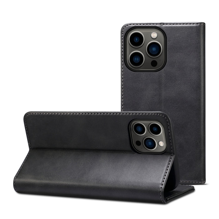 Estuche de cuero con tapa horizontal con textura de becerro con soporte y ranuras para tarjetas y billetera