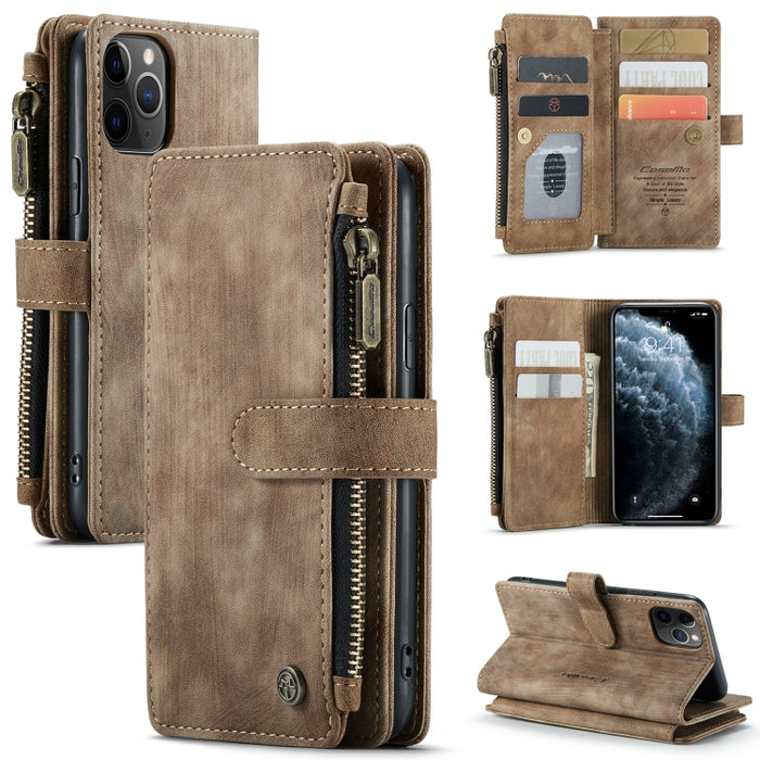 CaseMe-C30 PU + TPU Estuche de cuero con tapa horizontal multifuncional con soporte y ranura para tarjeta y billetera y bolsillo con cremallera