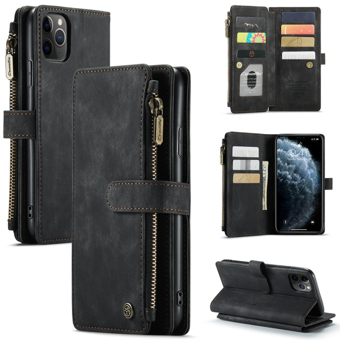 CaseMe-C30 PU + TPU Estuche de cuero con tapa horizontal multifuncional con soporte y ranura para tarjeta y billetera y bolsillo con cremallera