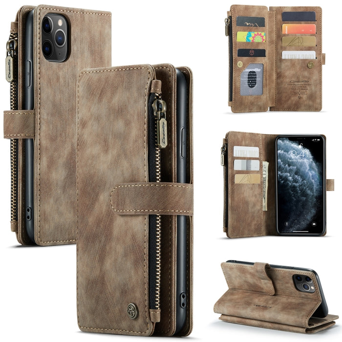 CaseMe-C30 PU + TPU Estuche de cuero con tapa horizontal multifuncional con soporte y ranura para tarjeta y billetera y bolsillo con cremallera