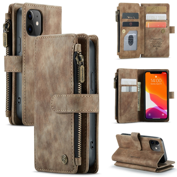 CaseMe-C30 PU + TPU Estuche de cuero con tapa horizontal multifuncional con soporte y ranura para tarjeta y billetera y bolsillo con cremallera