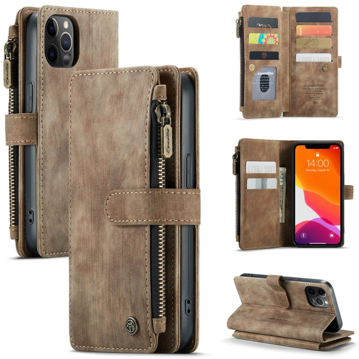 CaseMe-C30 PU + TPU Estuche de cuero con tapa horizontal multifuncional con soporte y ranura para tarjeta y billetera y bolsillo con cremallera