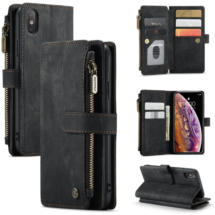 CaseMe-C30 PU + TPU Estuche de cuero con tapa horizontal multifuncional con soporte y ranura para tarjeta y billetera y bolsillo con cremallera