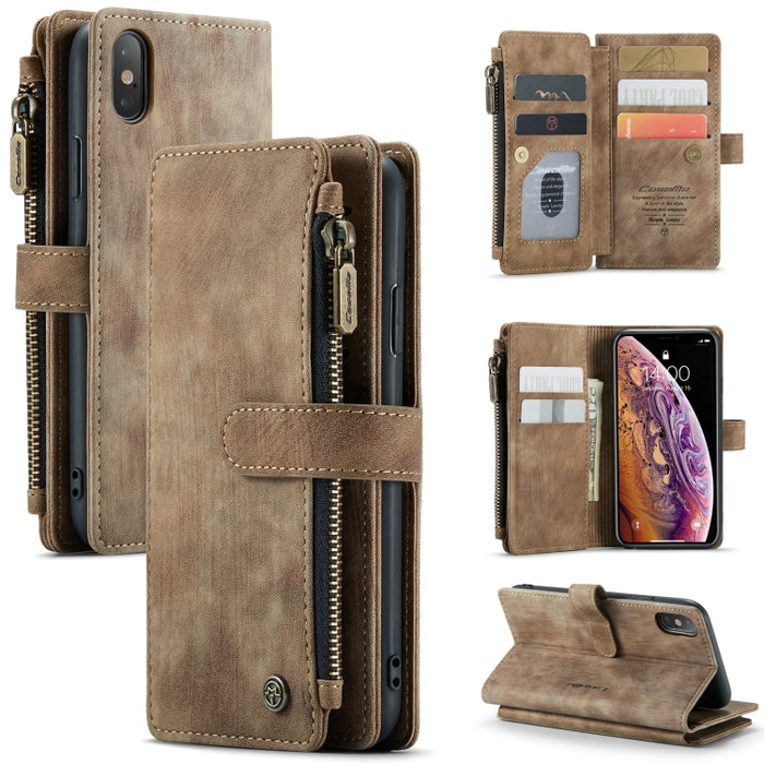 CaseMe-C30 PU + TPU Estuche de cuero con tapa horizontal multifuncional con soporte y ranura para tarjeta y billetera y bolsillo con cremallera