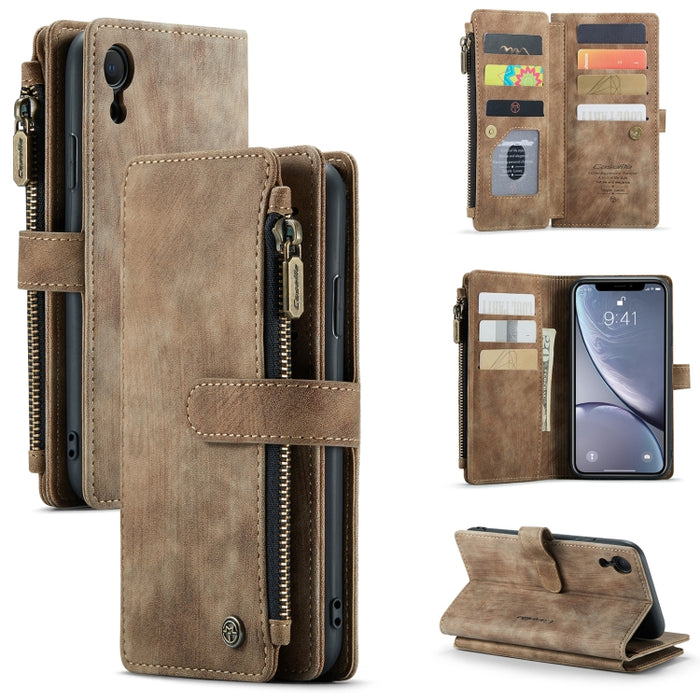 CaseMe-C30 PU + TPU Estuche de cuero con tapa horizontal multifuncional con soporte y ranura para tarjeta y billetera y bolsillo con cremallera