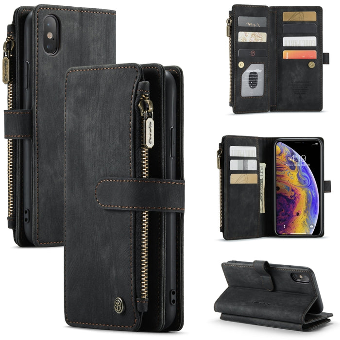 CaseMe-C30 PU + TPU Estuche de cuero con tapa horizontal multifuncional con soporte y ranura para tarjeta y billetera y bolsillo con cremallera