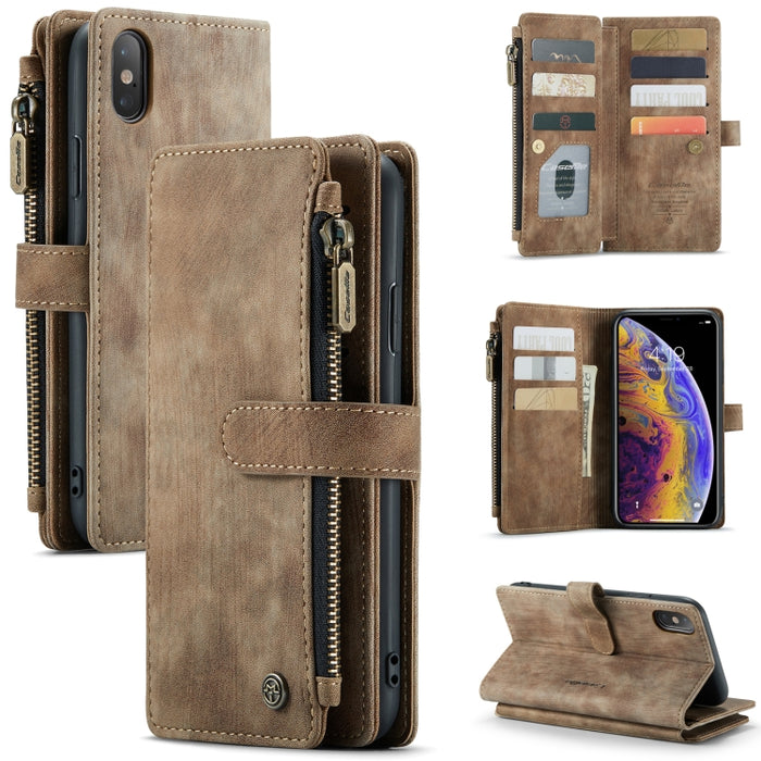 CaseMe-C30 PU + TPU Estuche de cuero con tapa horizontal multifuncional con soporte y ranura para tarjeta y billetera y bolsillo con cremallera