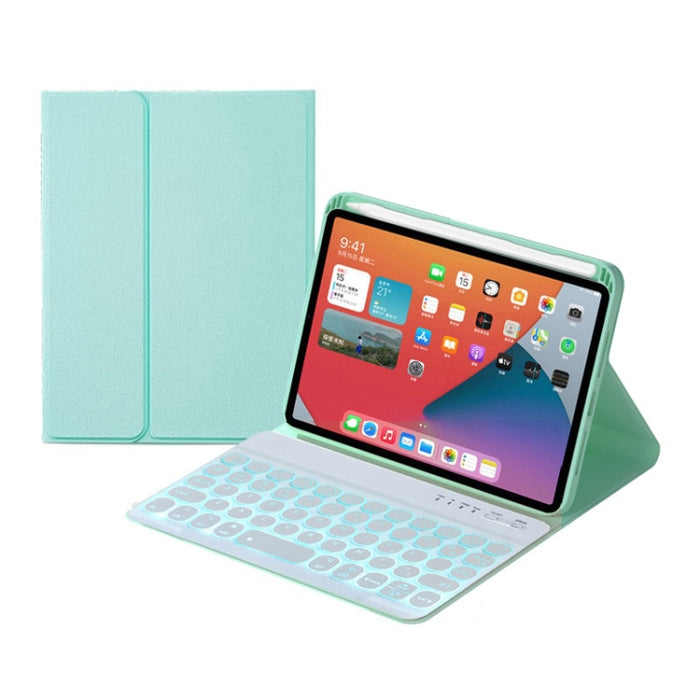 HY006D Funda de cuero con teclado Bluetooth desmontable para teclas redondas con retroiluminación colorida y soporte para iPad mini 6